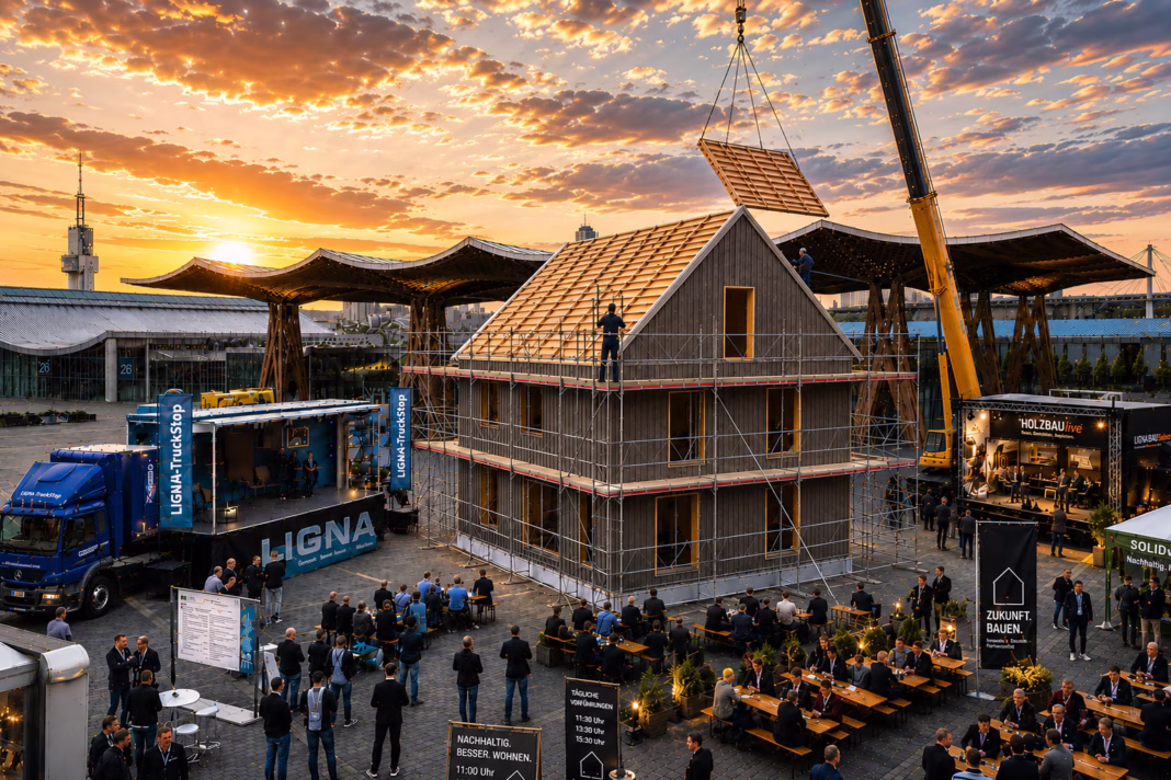 Bezoekers van de beurs kunnen op het buitenterrein het complete bouwproces van een houtbouwwoning volgen, van ontwerp tot en met realisatie. (foto: Ligna.de)